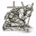 A soldier kneeling in prayer by a creek with a cross in the background tattoo design idea