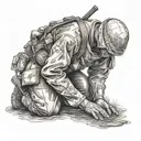 A soldier kneeling in prayer by a creek with a cross in the background tattoo design idea