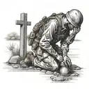 A soldier kneeling in prayer by a creek with a cross in the background tattoo design idea