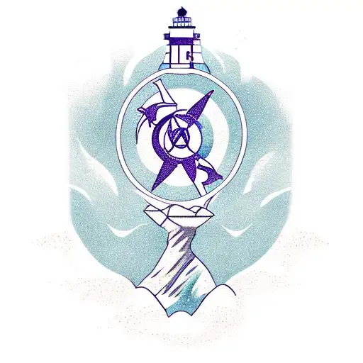 A minimalist tattoo of Poseidon, the Greek god of the sea, holding a lighthouse in one hand and a compass in the other, representing the client's interests in the sea and facility management tattoo design idea