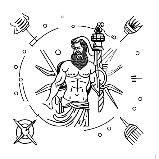 A minimalist tattoo of Poseidon, the Greek god of the sea, holding a lighthouse in one hand and a compass in the other, representing the client's interests in the sea and facility management tattoo design idea
