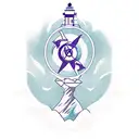 A minimalist tattoo of Poseidon, the Greek god of the sea, holding a lighthouse in one hand and a compass in the other, representing the client's interests in the sea and facility management tattoo design idea