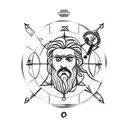 A minimalist tattoo of Poseidon, the Greek god of the sea, holding a lighthouse in one hand and a compass in the other, representing the client's interests in the sea and facility management tattoo design idea