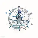 A minimalist tattoo of Poseidon, the Greek god of the sea, holding a lighthouse in one hand and a compass in the other, representing the client's interests in the sea and facility management tattoo design idea
