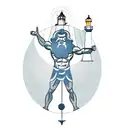 A minimalist tattoo of Poseidon, the Greek god of the sea, holding a lighthouse in one hand and a compass in the other, representing the client's interests in the sea and facility management tattoo design idea