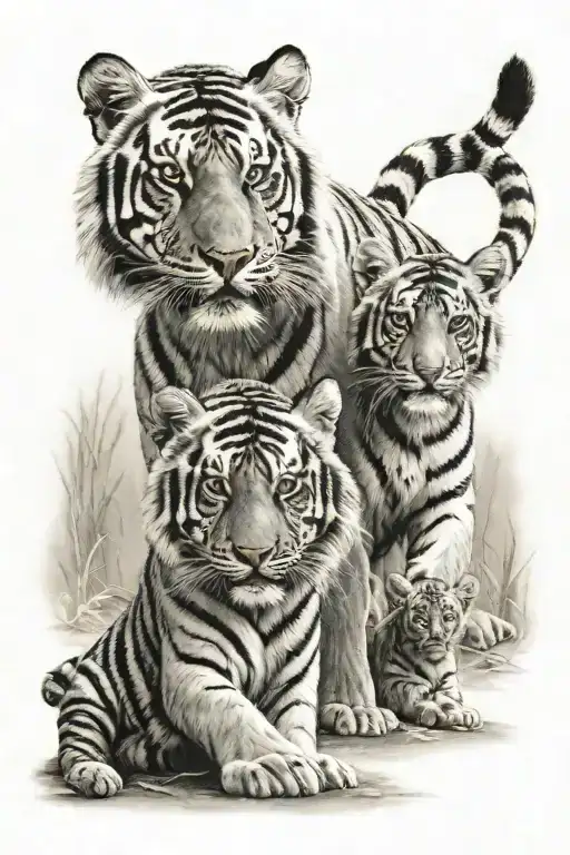 grown male tiger and two tiger cubs playing tattoo design idea