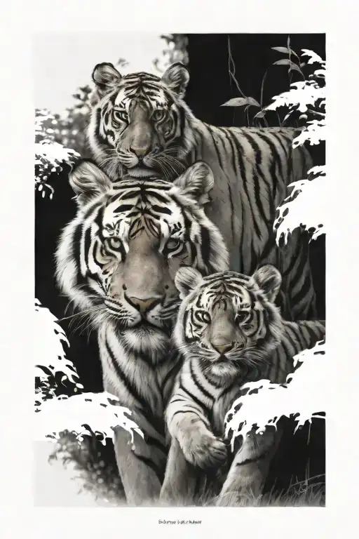one grown male tiger and two tiger cubs tattoo design idea