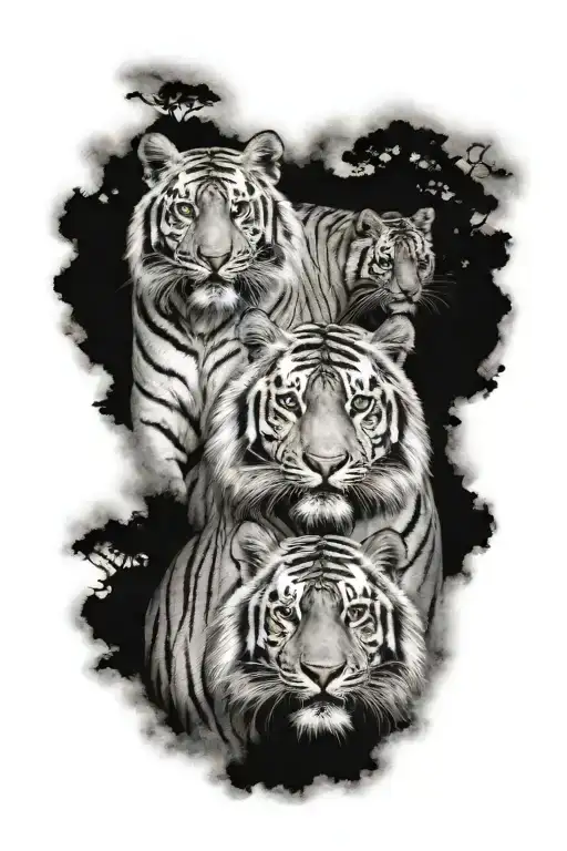 grown male tiger and two tiger cubs tattoo design idea