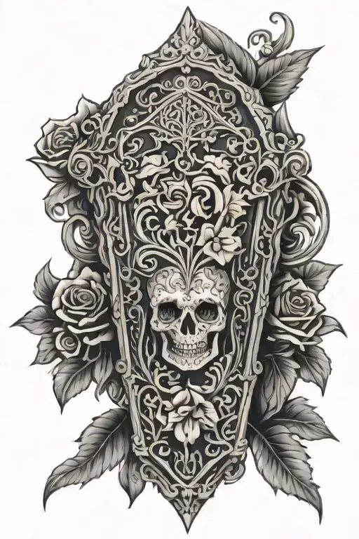 gothic coffin adorned with intricate floral tattoo design idea