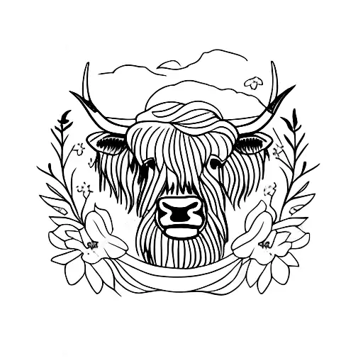 highland cow with flowers tattoo design idea