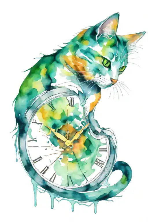 broken watch cat with green eyes tattoo design idea