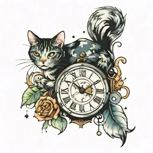 Broken clock and cat with girl darklettering style watercolor tattoo design idea