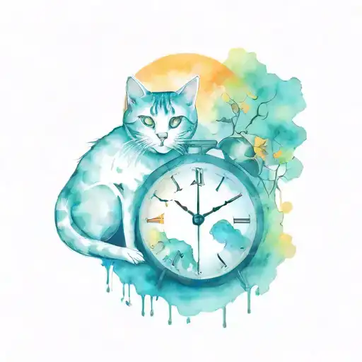Broken clock and cat with girl darklettering style watercolor tattoo design idea