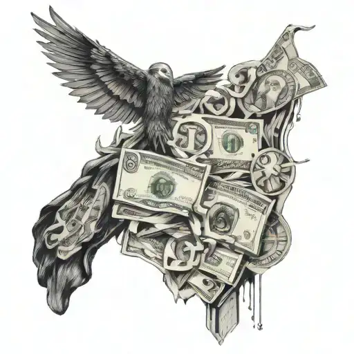 An abstract art piece incorporating elements of money and existentialism tattoo design idea
