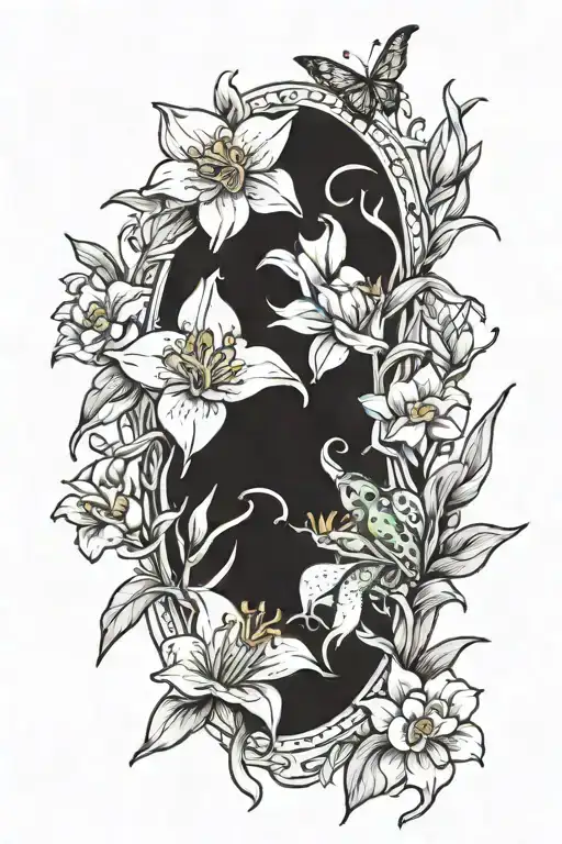 daffodils with frogs and butterflies  tattoo design idea