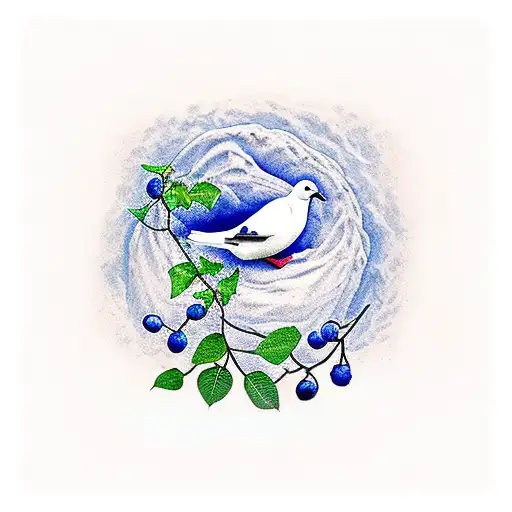 dove carrying a blueberry vine over crater lake oregon  tattoo design idea