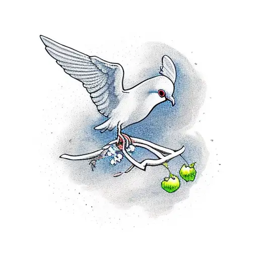 dove carrying a blueberry vine over crater lake oregon  tattoo design idea