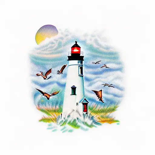 Oregon lighthouse with birds tattoo design idea