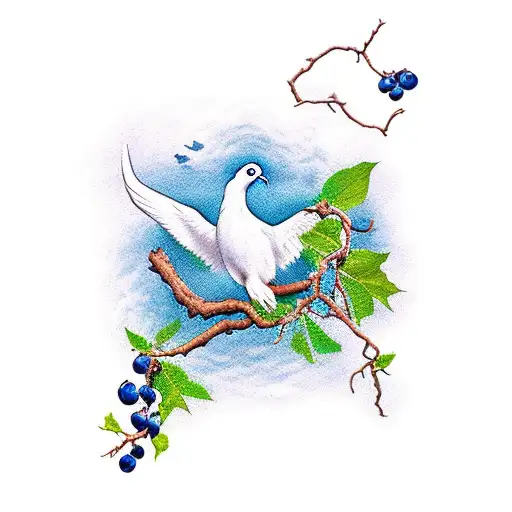 dove carrying a blueberry vine over crater lake oregon  tattoo design idea