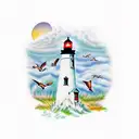 Oregon lighthouse with birds tattoo design idea