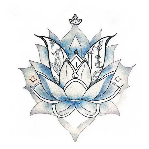 lotus flower, tiger lily flower, light rays, letter L, crown tattoo design idea