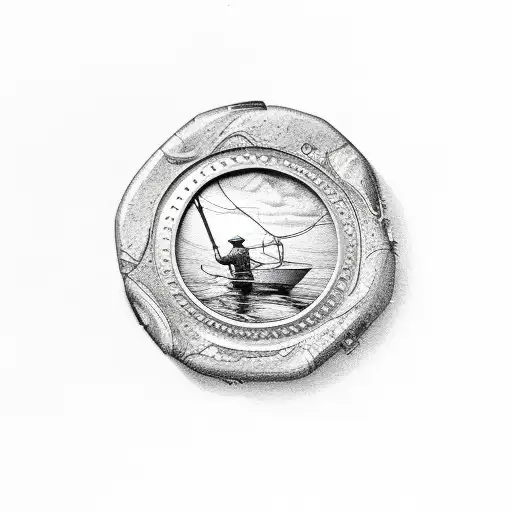 A fisherman skerch inside a coin tattoo design idea