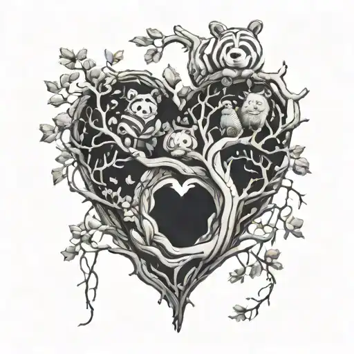 Branches on the shape of a heart with Winnie the Pooh, Tigger, Roo, Owl, Kanga, Rabbit and Piglet inside the heart.  tattoo design idea