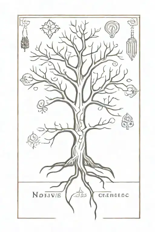 A minimalist design of a family tree intertwined with Native American symbols representing your genealogy and history interests tattoo design idea
