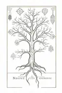 A minimalist design of a family tree intertwined with Native American symbols representing your genealogy and history interests tattoo design idea