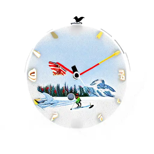 pond hockey woth clock in the montains and a big white dove at the top  tattoo design idea