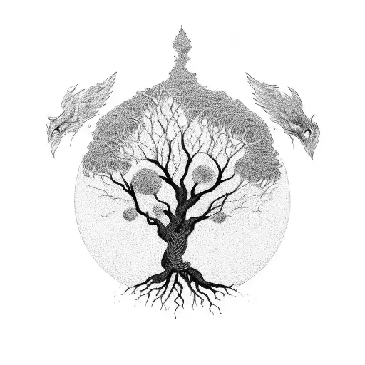 tree of life with pheinox rising from the ashes tattoo design idea