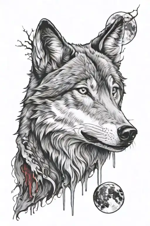 wolf , moon , blood dripping tattoo design idea