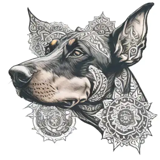 doberman with mandala backround tattoo design idea