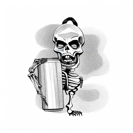 skeleton holding a can that says dead inside but caffeinated  tattoo design idea