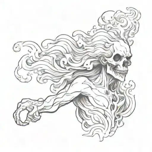 A ghostly figure emerging from smoke in blackwork style tattoo design idea