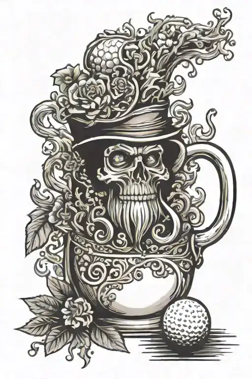 coffee mug, golf ball, beer bottle morphing tattoo design idea