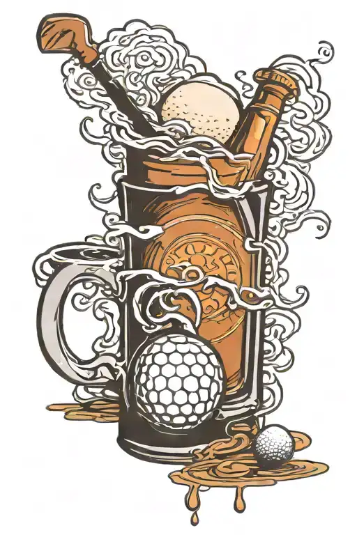 coffee mug, and a golf ball in front of a beer bottle tattoo design idea