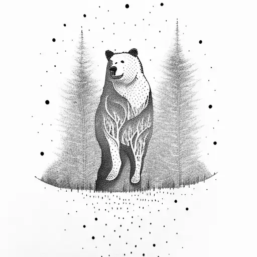 A dotwork tattoo of a bear standing tall amidst a forest of spooky trees, representing the battle between good and evil in nature. tattoo design idea