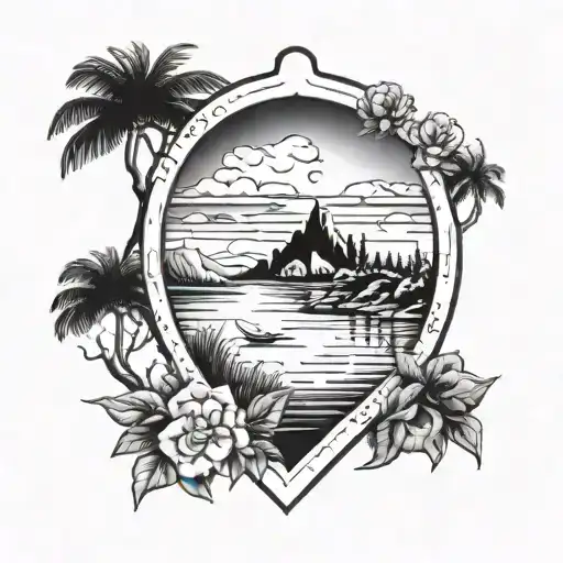 A tattoo design featuring a serene landscape that represents well-being and tranquility, incorporating elements of security like a shield or lock tattoo design idea