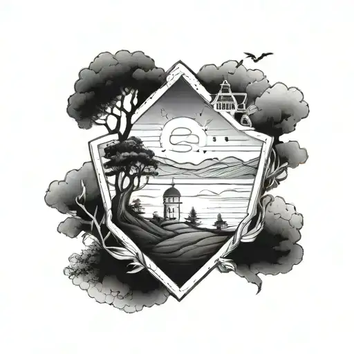 A tattoo design featuring a serene landscape that represents well-being and tranquility, incorporating elements of security like a shield or lock tattoo design idea