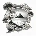 A tattoo design featuring a serene landscape that represents well-being and tranquility, incorporating elements of security like a shield or lock tattoo design idea