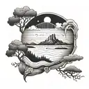 A tattoo design featuring a serene landscape that represents well-being and tranquility, incorporating elements of security like a shield or lock tattoo design idea