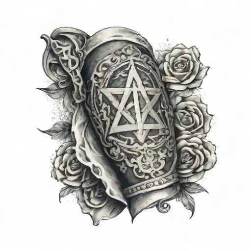 Starting from the mid bicep, the tattoo sleeve features a 3D representation of a Jewish  tattoo design idea