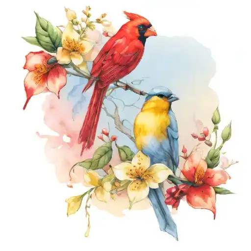 yellow jasmine and red cardinal perched tattoo design idea