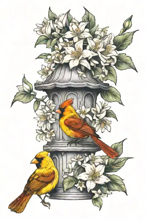yellow jasmine and red cardinal perched tattoo design idea