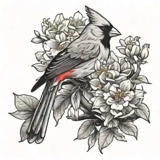 yellow jasmine and red cardinal perched tattoo design idea