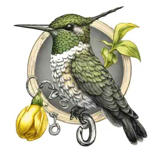 A realistic portrait of a hummingbird perched on a fishing hook, with yellow jasmines in the background tattoo design idea