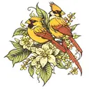 yellow jasmine and red cardinal perched tattoo design idea