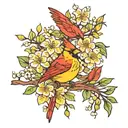 yellow jasmine and red cardinal perched tattoo design idea