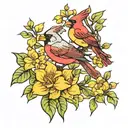 yellow jasmine and red cardinal perched tattoo design idea